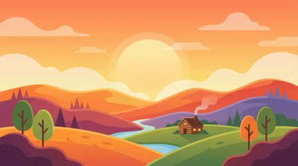 Obraz premium Sunset over rolling hills landscape.