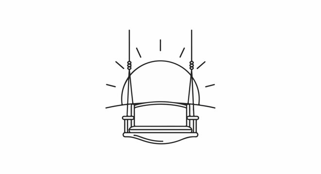 A simple line drawing of a swing set with a sunburst behind it