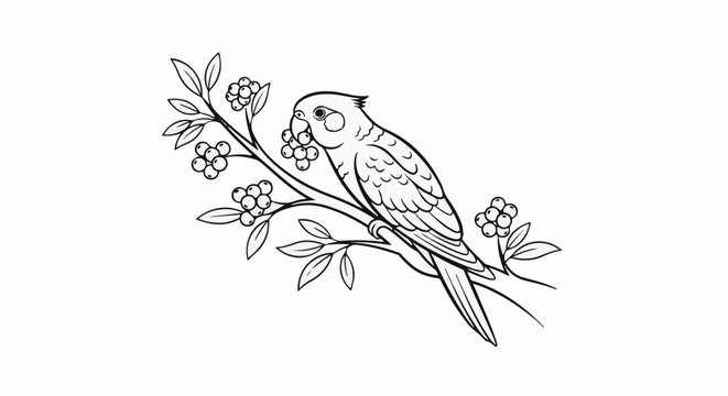 A black and white line drawing of a parakeet perched on a branch with berries