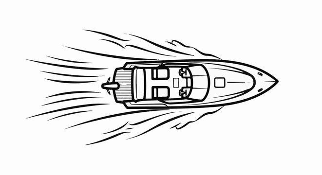 A black and white line drawing of a speed boat gliding through water