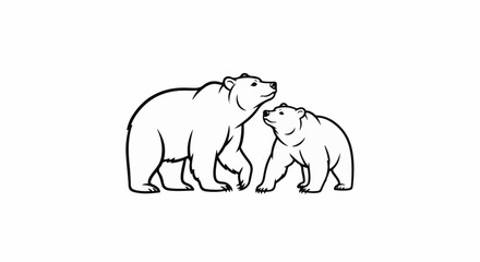 Fototapeta premium A black and white line drawing of two bears, one large and one small