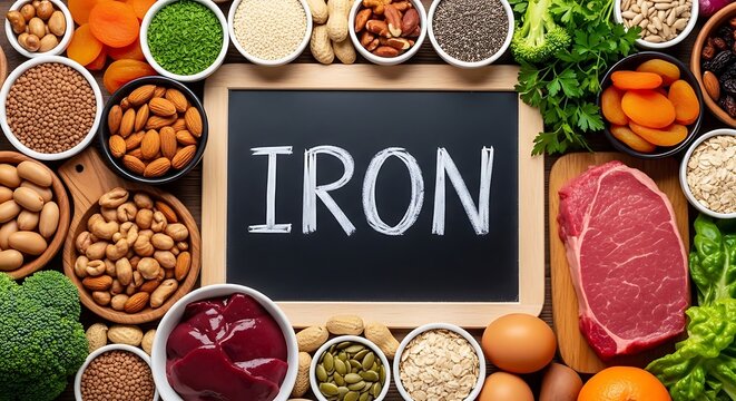 iron rich foods flat lay nutrition concept
