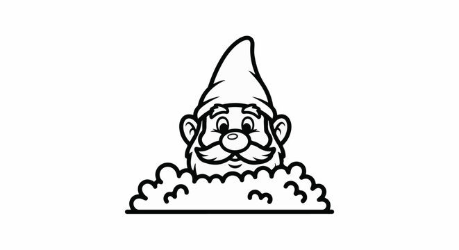 A stylized cartoon gnome peeks over a fluffy cloud-like barrier