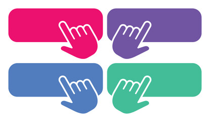 Obraz premium Interactive click button vector set, four colorful web interface elements with hand cursor icons, modern UI design for digital applications and online navigation