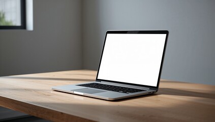 Fototapeta premium Modern Laptop on Wooden Table with Blank Screen in Bright Room