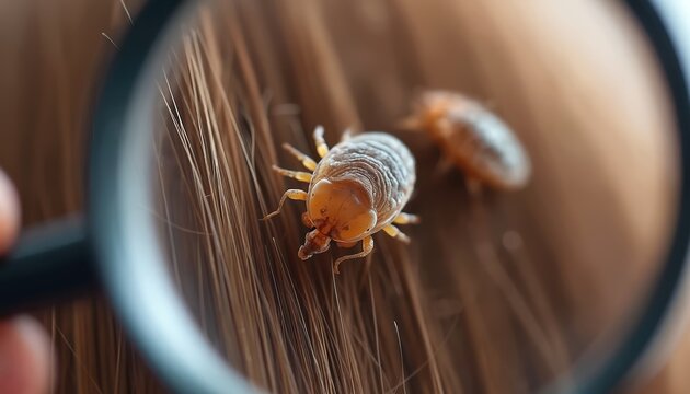 Macro view of head louse on human hair under glass. Tiny parasite causes itchy scalp discomfort, medical inspection for problem. School kids hygiene concern.