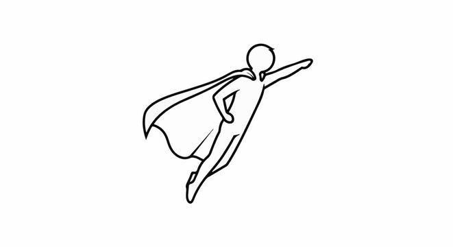 A simplified drawing of a flying superhero with a cape