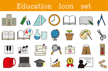 シンプルでカラフルな学校にあるもののイラストアイコンセット｜教科の素材や教材などのイラスト集 © moonillust