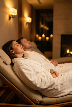Relaxed Couple Wearing White Robes Resting On Lounge Chairs In Dimly Lit Luxury Spa Treatment Room