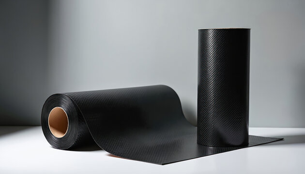 Woven carbon fiber material rolls laid flat and standing. Black composite fabric shows diagonal weave pattern. Lightweight, strong material for auto, aero, sports goods.