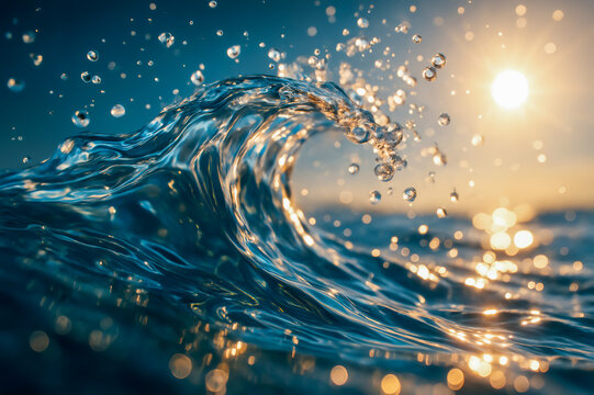Ocean wave cresting at sunset splashing water droplets