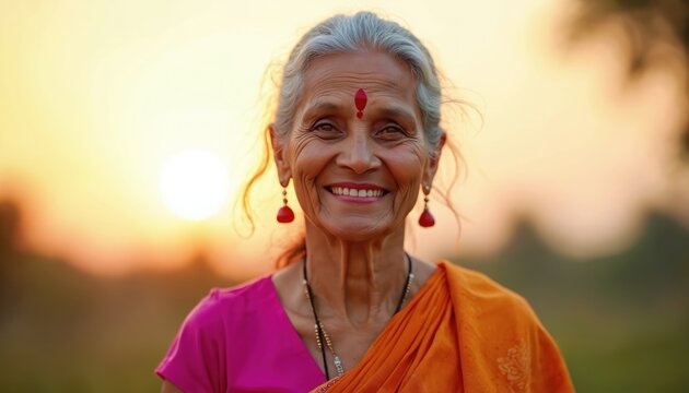 Elderly Indian woman smiles warmly wearing a vibrant orange sari and pink blouse. Her grey hair is loose as the sun sets behind her. She wears red earrings and a bindi.