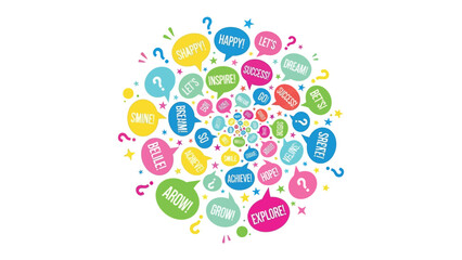 Vibrant Circle of Inspirational Bubbles: A colorful spiral of speech bubbles bursts with uplifting words, inspiring creativity and positive vibes. © hafeza