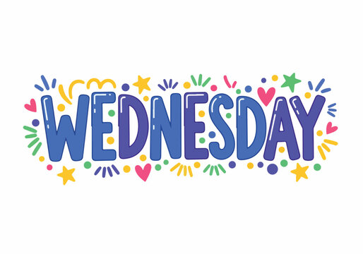 Colorful and playful 'Wednesday' text illustration, perfect for daily planners, social media posts, and motivational content