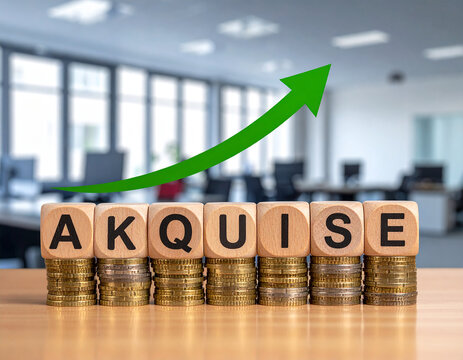 Holzklötze bilden das Wort "Akquise" auf Münzstapel , mit einen steigenden grünen Pfeil.