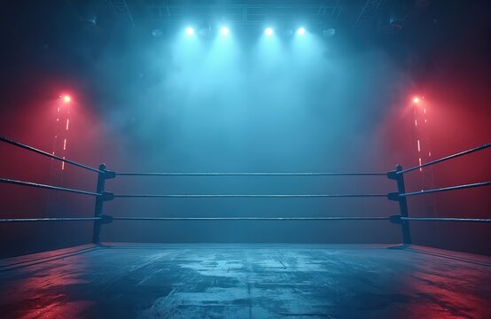 Empty wrestling ring with red and blue lights. Fog fills the arena. Ready for intense combat. Sports venue for athletes. Professional fight arena. Battle space.