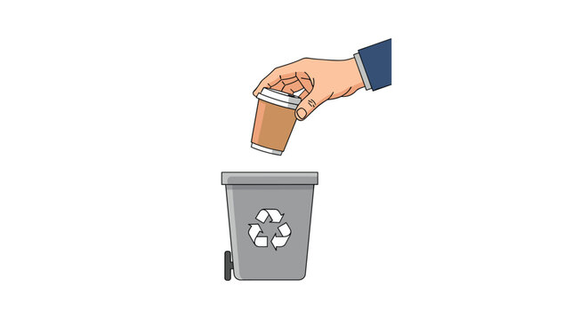 A hand is dropping a disposable coffee cup into a grey recycling bin with a recycling symbol on a white background.