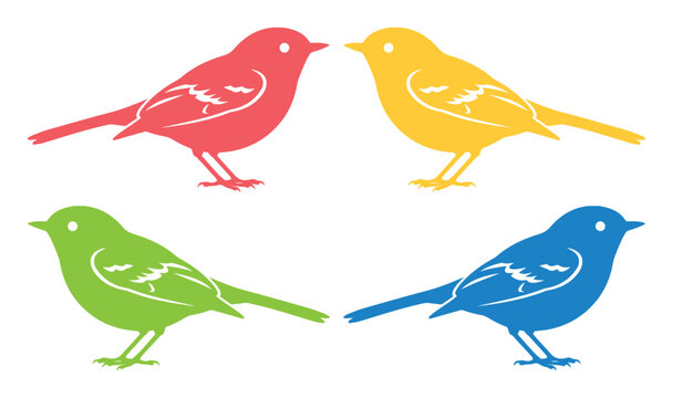 Colorful bird vector set, vibrant avian illustrations, four bright songbirds in red, yellow, green, and blue, charming animal graphics for nature and design projects