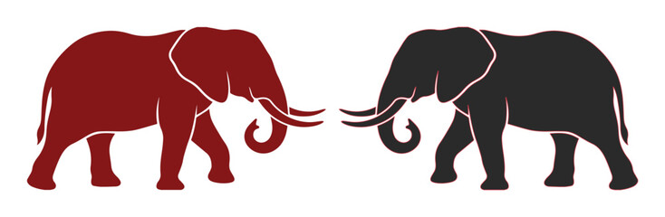 Fototapeta premium Political elephant vector icon, red and black elephant symbols facing each other, contrasting political party mascots, election campaign graphics, government and democracy concepts