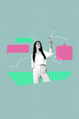 Creative collage of person business influencer among colorful chat bubbles symbolizing social media...