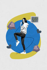 Obraz premium Sketch contemporary photo collage of happy girl receive blogging heart notification checkmark symbol like social media icon