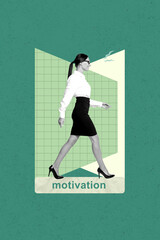 Obraz premium Banner image collage of person stand walking on motivation phrase template teal background