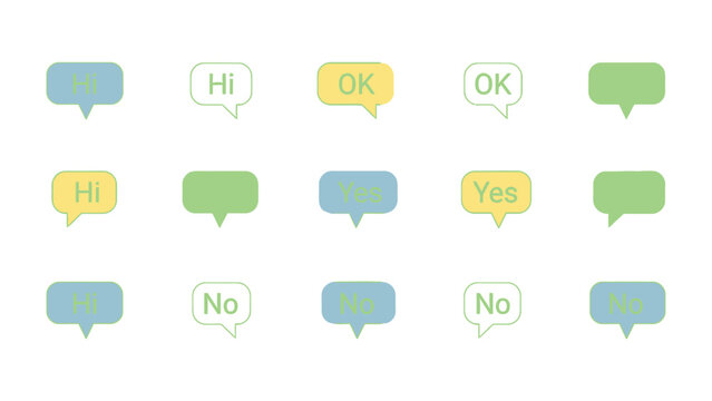 Digital Dialogue: A collection of vibrant speech bubbles, each holding simple affirmative and negative phrases, create a visual language of modern communication.