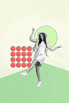 Collage of excited girl person dancing overjoyed summer spring party event walk promenade