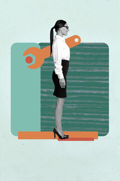 Zine banner vertical photo collage of happy businesswoman businessman stand artificial intelligence key programming settings