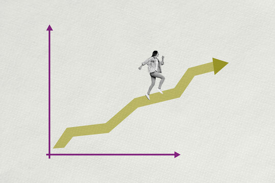 Pop art collage of person stand run arrows up research on yellow background