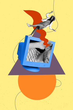 Poster banner collage of small person move stand big monitor with human listen info on yellow background