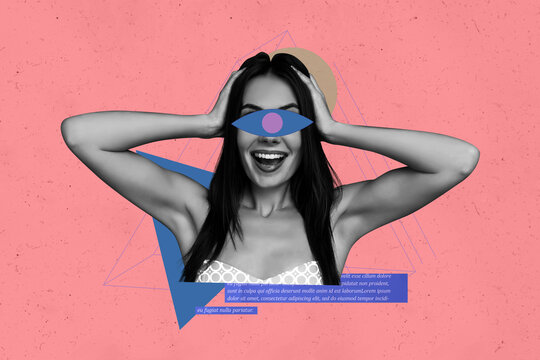 Composite trendy magazine photo collage of happy unhealthy girl guy eyeball faceless psychological illness brainwash freemason