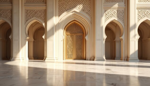 Islamic architecture hall with ornate golden doors. Sunlight streams through arches creating patterns on marble floor. Elegant interior design.