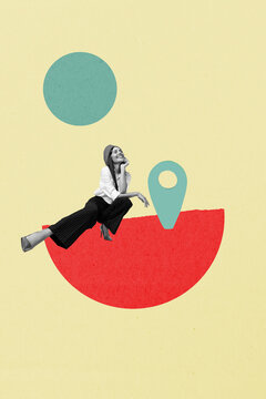 Art image vertical photo collage of happy girl guy stand house relocation gps icon summer new accommodation owner tourism