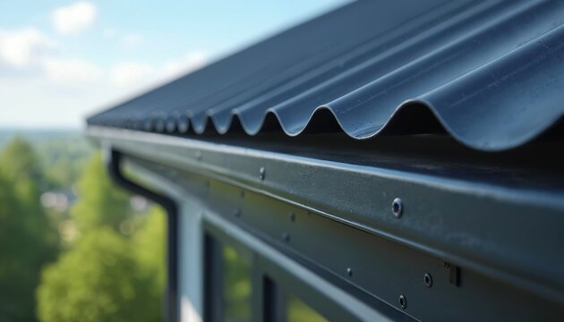 Modern house dark metal roof with wavy profile and section of gutter system. Close up view of architectural elements against blue sky and blurred green trees background.