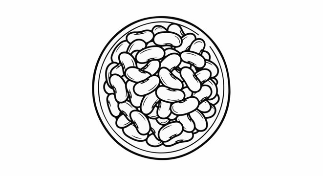 A bowl of white kidney beans drawn in outline on a white background