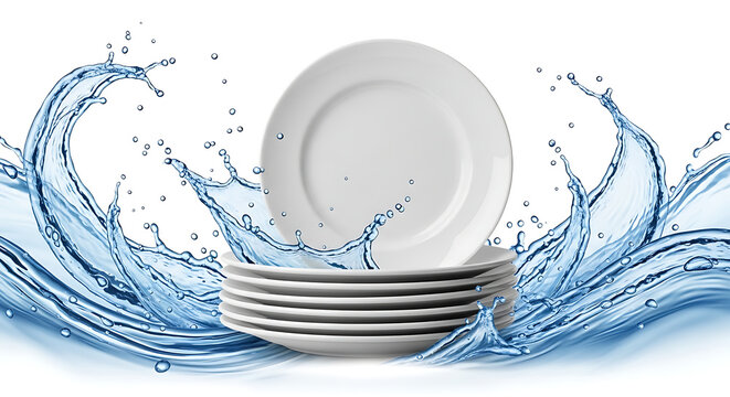 Stack of white plates with splashing water around them isolated on white background