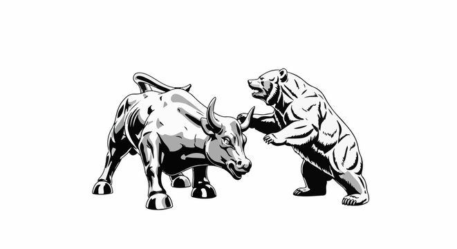 A bull and bear facing each other, representing market forces