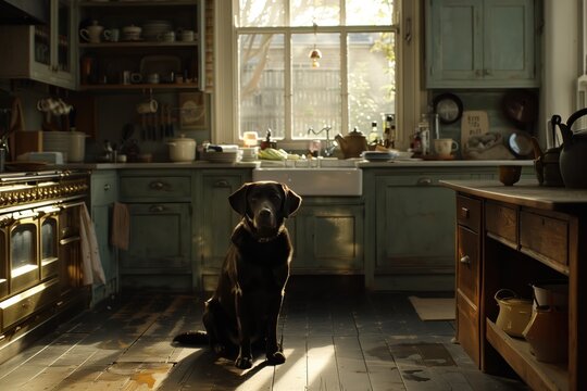 Dog sits in the kitchen as sunlight shines through the window in a cozy home setting