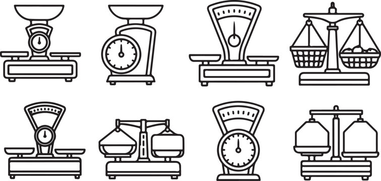 Illustrations of different types of spring balances and weighing scales Vector