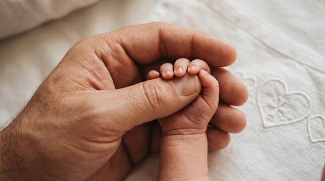 Close up of Adult Hand Holding Newborn Baby Hand