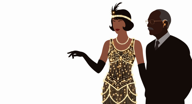 Elegant roaring twenties couple showcasing classic fashion and period style. Roaring twenties couple portrays vintage attire with a flapper dress, pearls, and a dapper suit.