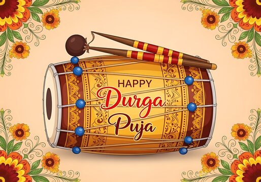 Happy Durga Puja Celebration with Traditional Drum