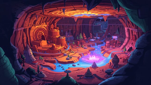 Colorful Fantasy Cave with Magical River and Illuminated Rocks