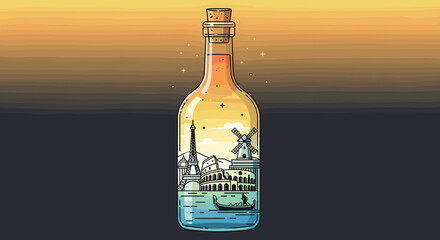 A whimsical illustration of European travel landmarks encapsulated within a glass bottle, featuring the Eiffel Tower, a windmill, and a gondola on water under a sunset sky. © Teko
