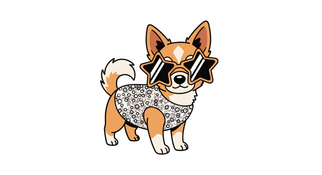 A cartoon corgi dog wears star-shaped sunglasses and a sparkly silver top against a plain white background.