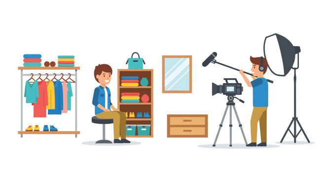A man is filmed by a cameraman in a room with a clothes rack and shelves.