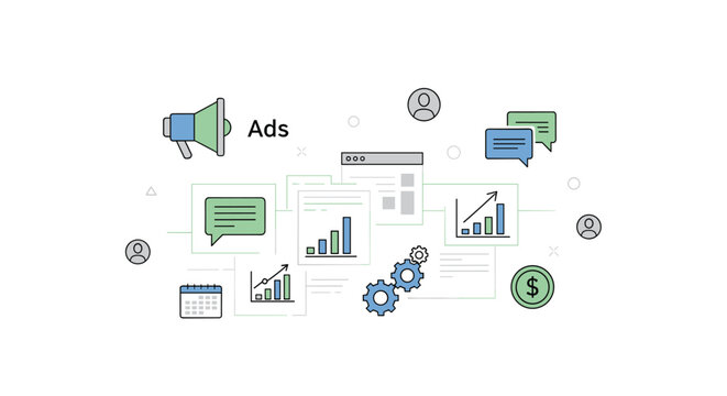 Various marketing and advertising icons with charts are scattered across a white background.