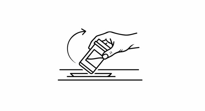 Hand pouring from a container with a curved arrow indicating rotation