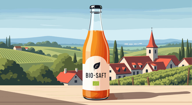 A bottle of organic orange juice labeled "BIO-SAFT" sits on a wooden surface with a picturesque village and rolling green hills in the background.